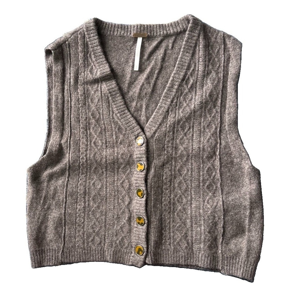 Free People Women's Cashmere Cable-Knit Button Front V-Neck Vest S Purple/ Gray